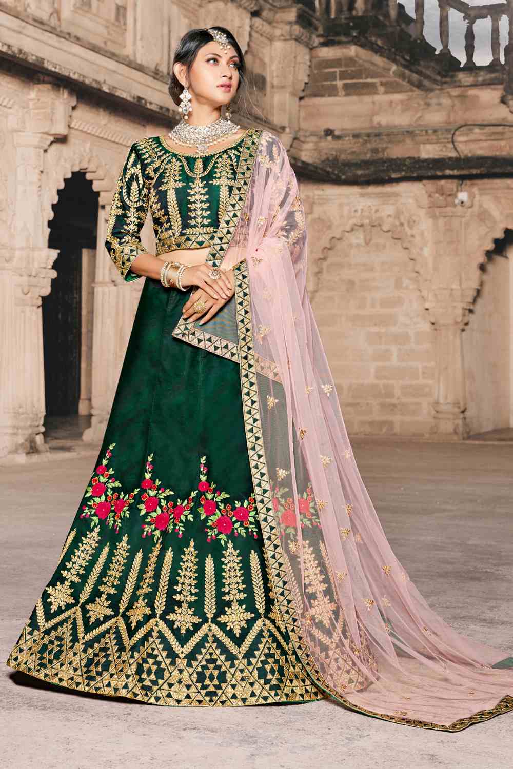 Buy Women's Art Silk Embroidery Lehenga in Dark Green