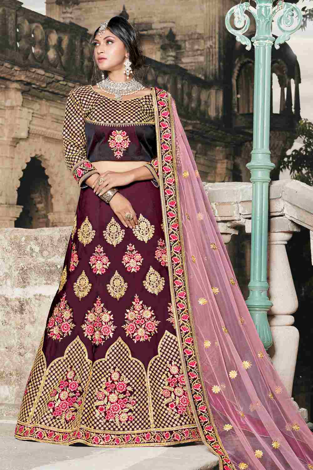 Buy Women's Art Silk Embroidery Lehenga in Wine