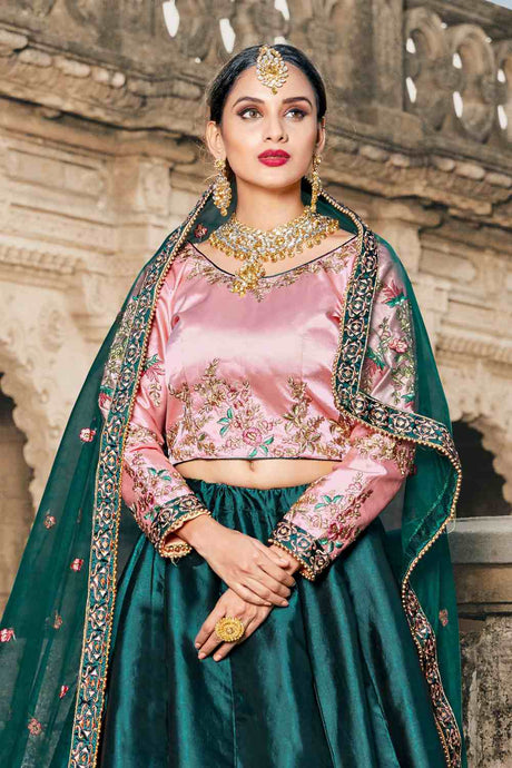 Satin Embroidery Lehenga in Teal Green - Zoom