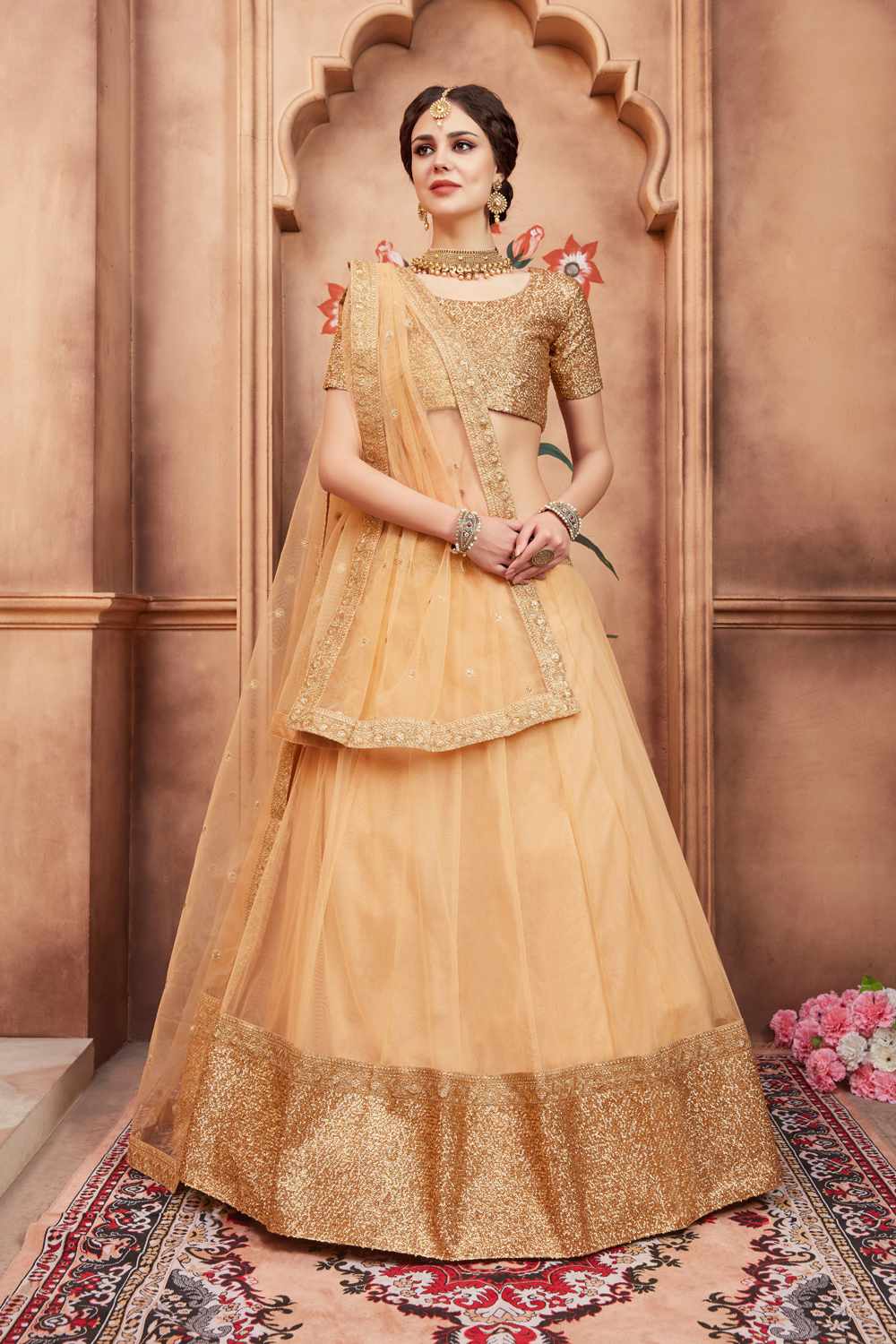 Buy Women's Net Zari Lehenga in Beige