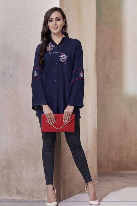 Buy Rayon Embroidered Top in Navy Blue