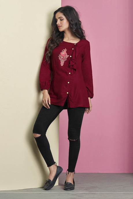 Buy Rayon Embroidered Top in Maroon