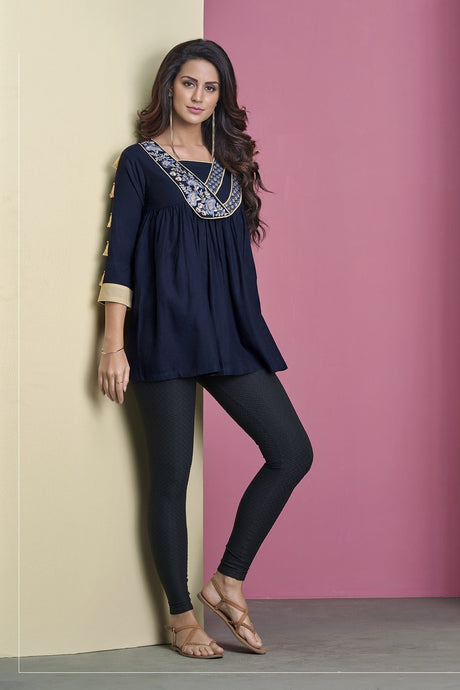 Buy Rayon Embroidered Top in Navy Blue