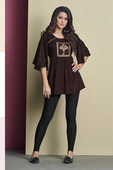 Buy Rayon Embroidered Top in Brown