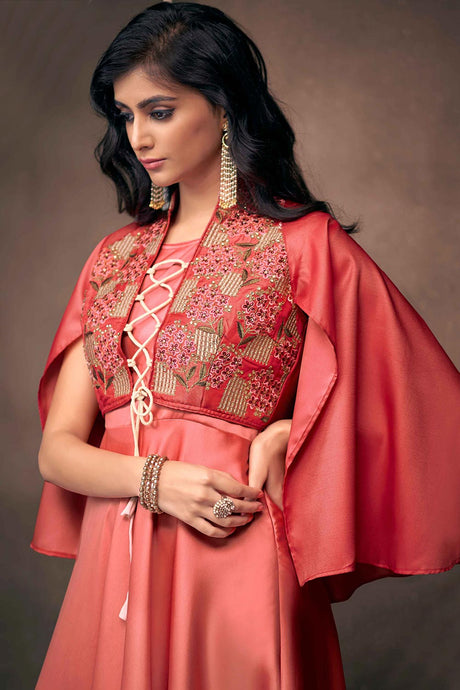 Red Satin Silk Resham Embroidery With Stone Work Gown