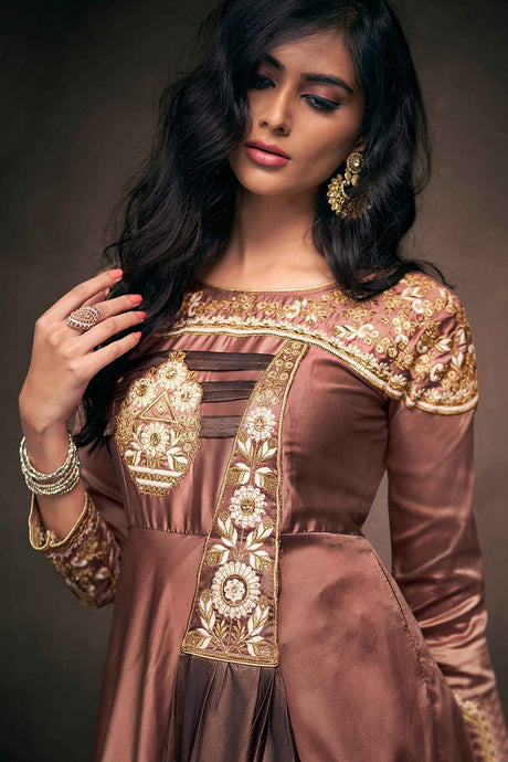 Brown Satin Silk Resham Embroidery With Stone Work Gown