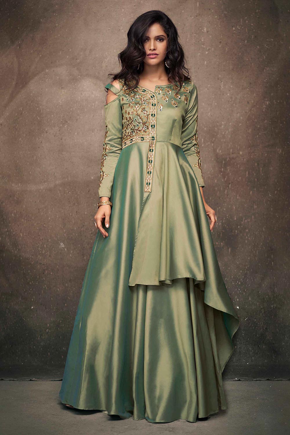 Mint Green Satin Silk Resham Embroidery With Stone Work Gown