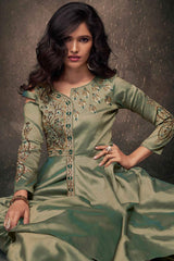 Mint Green Satin Silk Resham Embroidery With Stone Work Gown