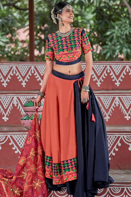 Buy Soft Cotton Embroidered Ghagra Choli in Navy Blue and Orange
