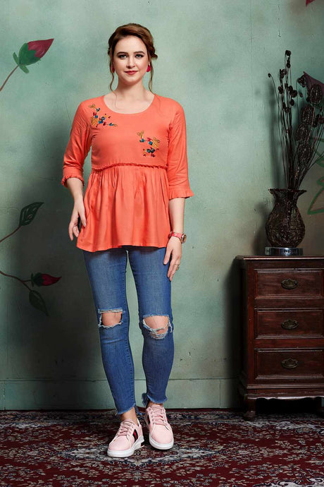 Buy Rayon Embroidered Top in Orange