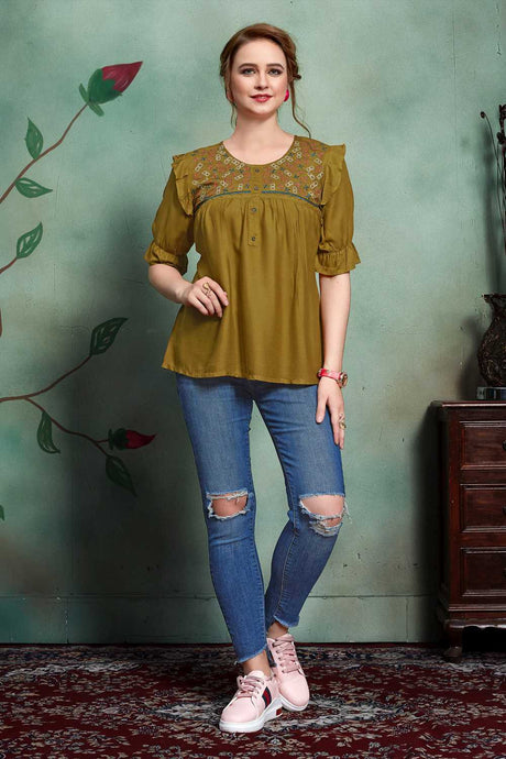 Buy Rayon Embroidered Top in Olive Green