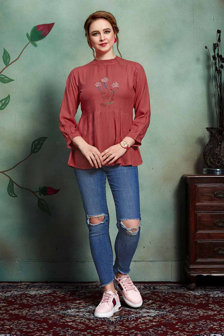 Buy Rayon Embroidered Top in Maroon