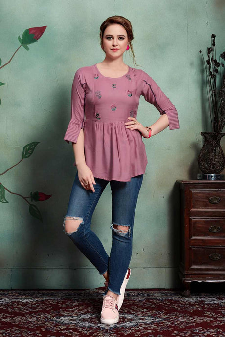 Buy Rayon Embroidered Top in Onion Pink