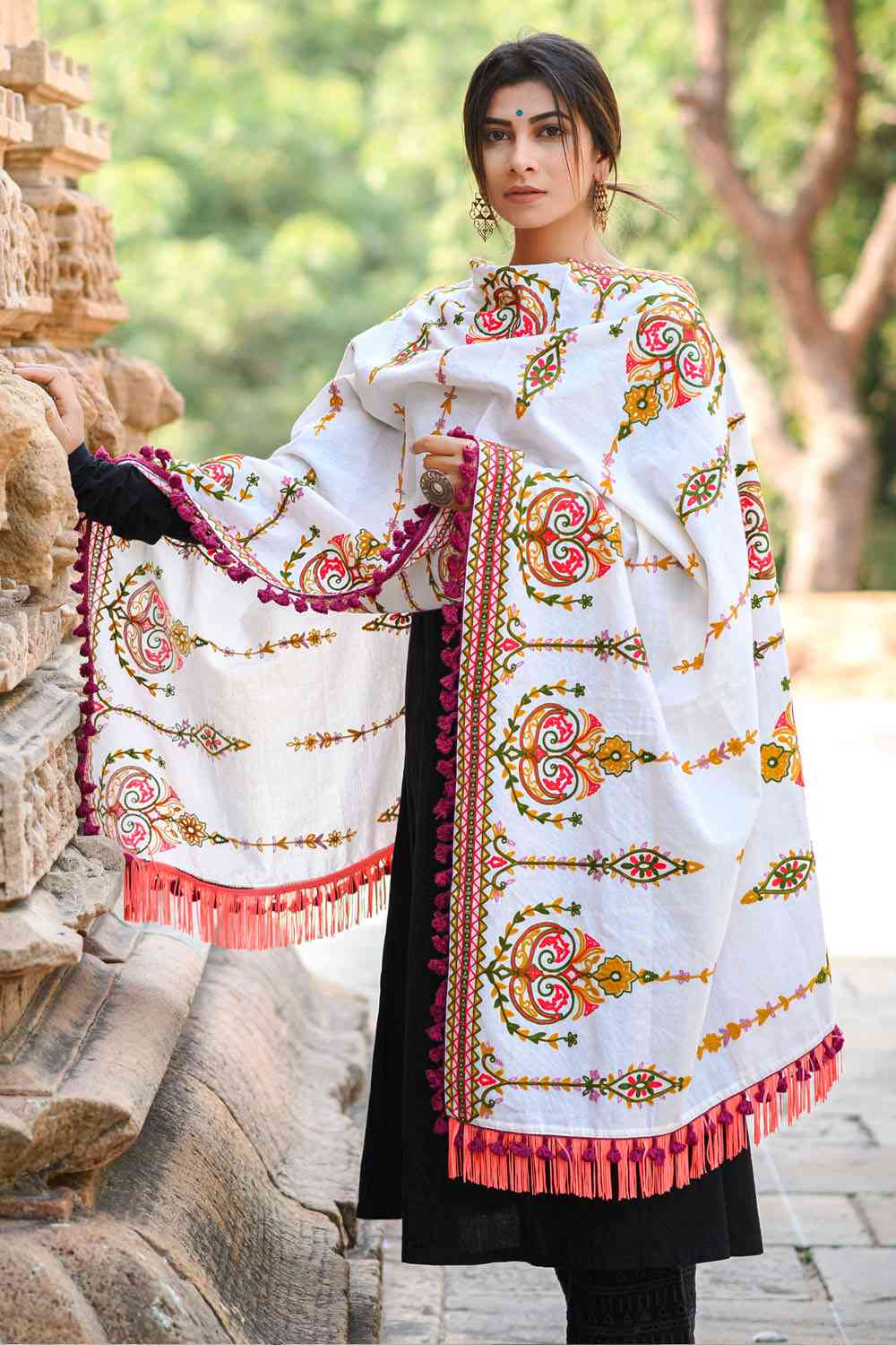 Buy Women's Khadi Embroidered Dupatta in White