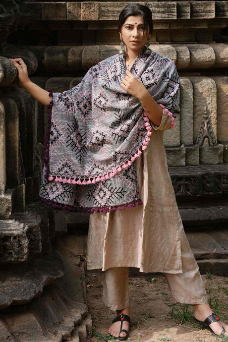 Buy Women's Khadi Embroidered Dupatta in Grey