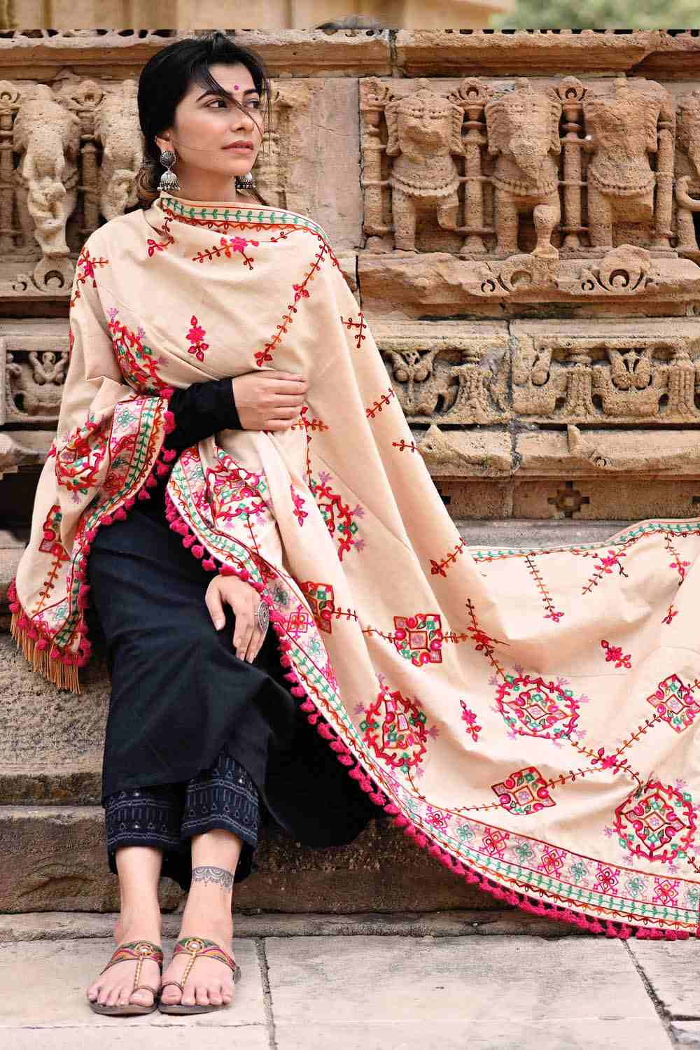 Buy Women's Khadi Embroidered Dupatta in Beige