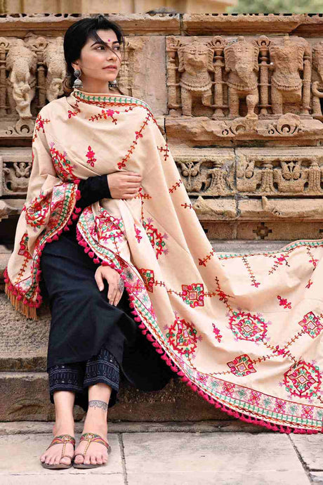 Buy Women's Khadi Embroidered Dupatta in Beige