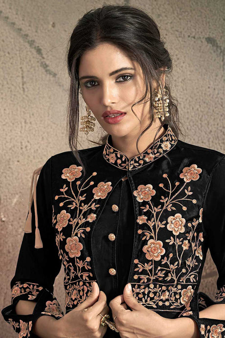 Black Taffeta Art Silk Resham Embroidery With Stone Work Gown