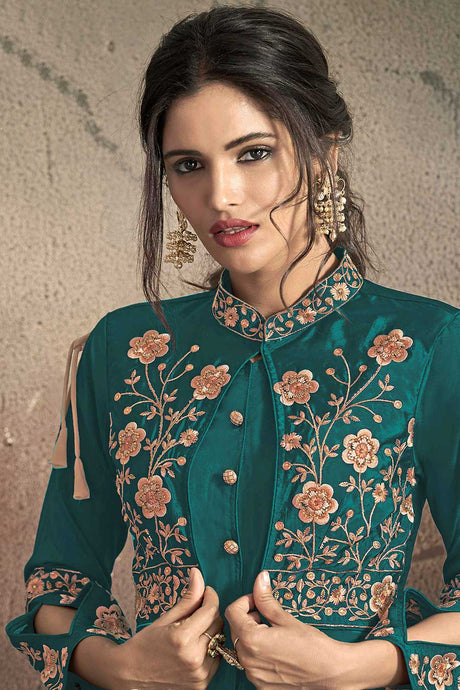 Teal Blue Tafeta Art Silk Resham Embroidery With Stone Work Gown