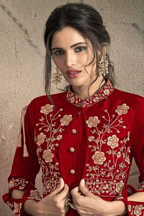 Red Tafeta Art Silk Resham Embroidery With Stone Work Gown