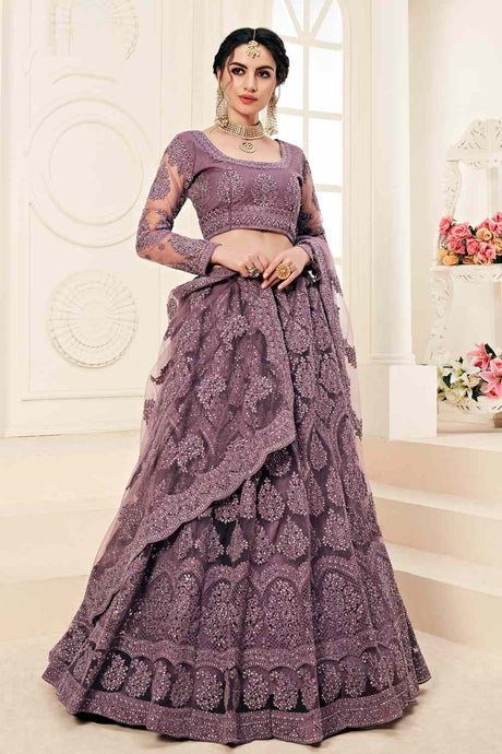Buy Women's Satin Silk Resham embroidery Lehenga in Dusty Purple