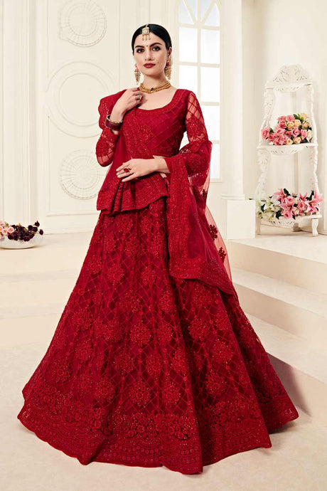 Buy Women's Satin Silk Resham embroidery Lehenga in Red