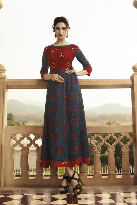 Buy Women's Rayon Printed Kurta in Navy Blue and Red