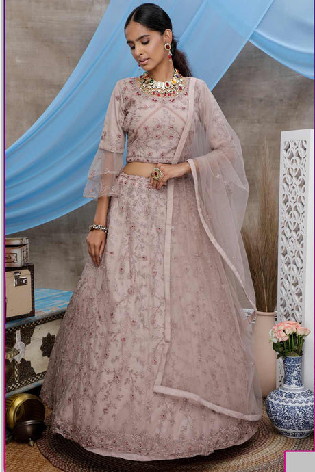 Buy Net Embroidery Lehenga Choli in Dusty Pink