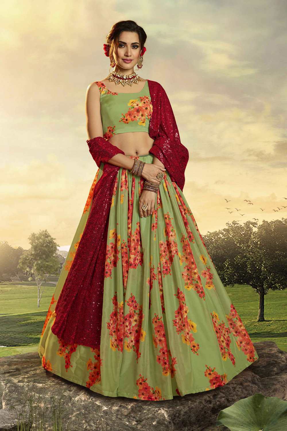 Buy Organza Printed Lehenga Choli in Green