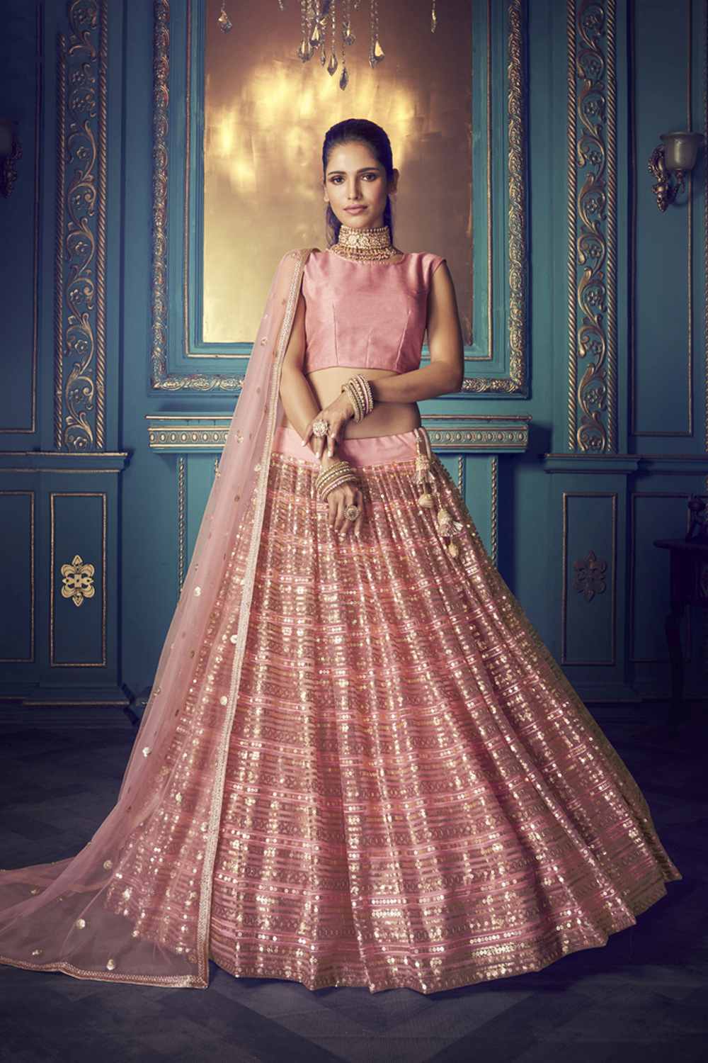 Buy Net Zari Work Lehenga Choli In Pink