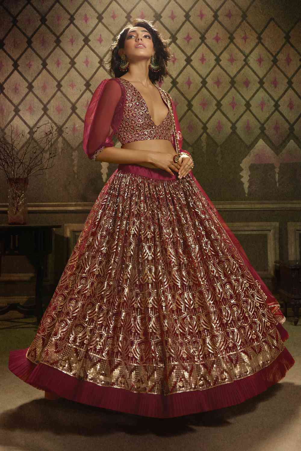 Buy Net Embroidery Lehenga Choli in Dark Pink