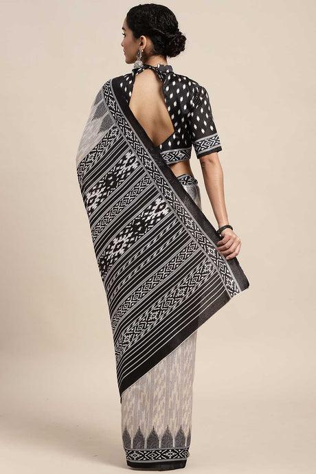 Off White And Black Silk Blend Ikat Printed Sarees