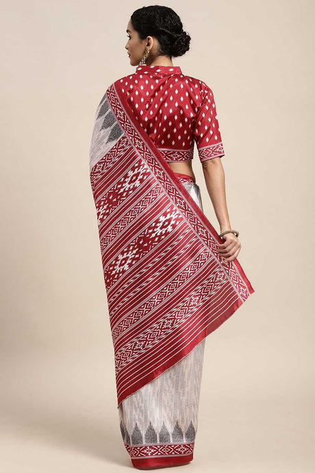 Off White And Red Silk Blend Ikat Printed Sarees