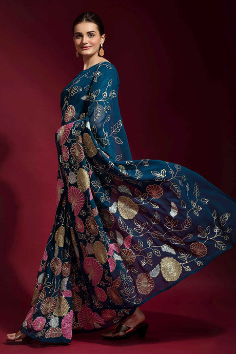 Blue Banglori Silk Embroidery And Moti Work Saree