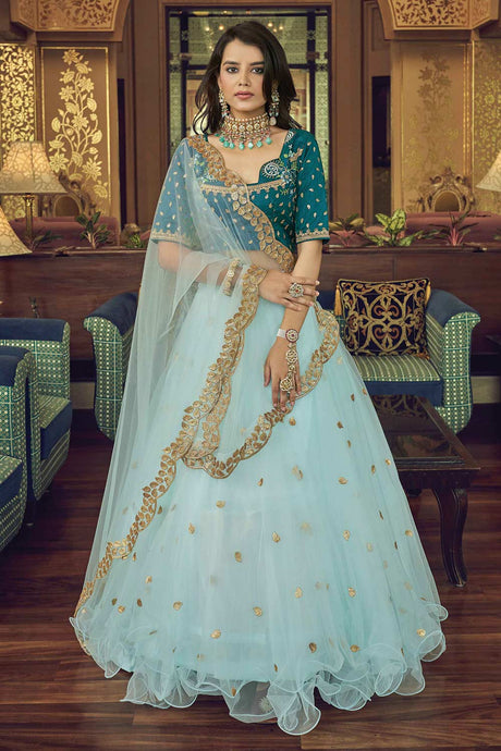 Buy Aqua Blue Nylon Net Thread And Sequins Embroidery Lehenga Set Online - Back