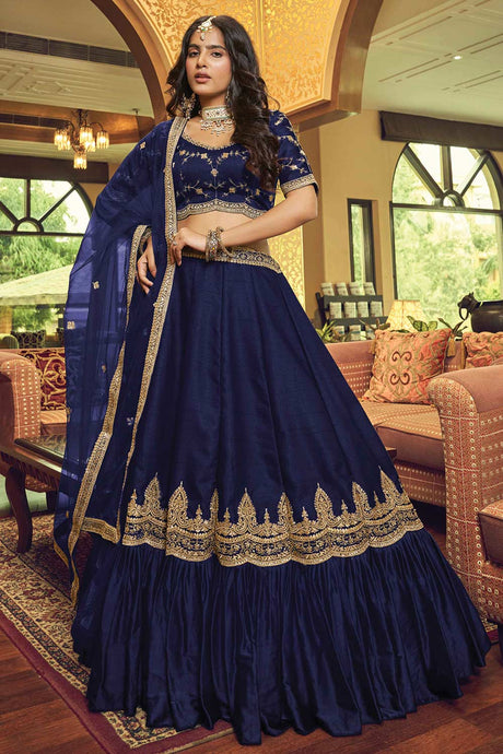 Buy Navy Blue Lino Silk Zari And Sequins Embroidery Lehenga Set Online - Back