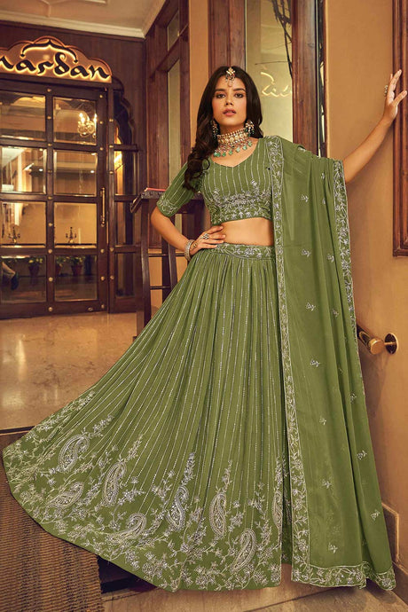 Buy Green Faux Georgette Viscose Thread And Sequins Embroidery Lehenga Set Online - Back