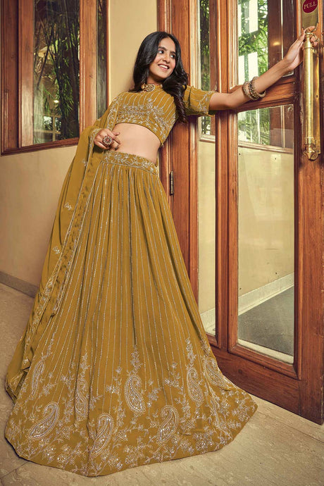 Buy Mustard Faux Georgette Viscose Thread And Sequins Embroidery Lehenga Set Online - Back