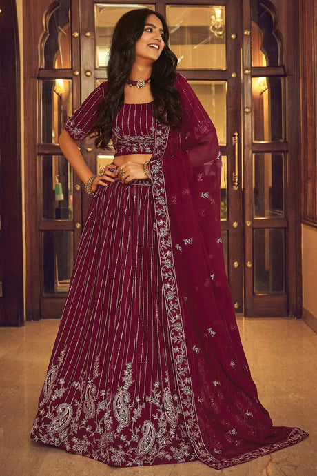 Buy Wine Faux Georgette Viscose Thread And Sequins Embroidery Lehenga Set Online - Side