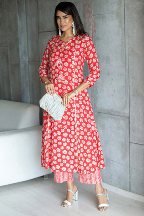 Buy Red Pure Muslin digital print Kurta Set Online - Back