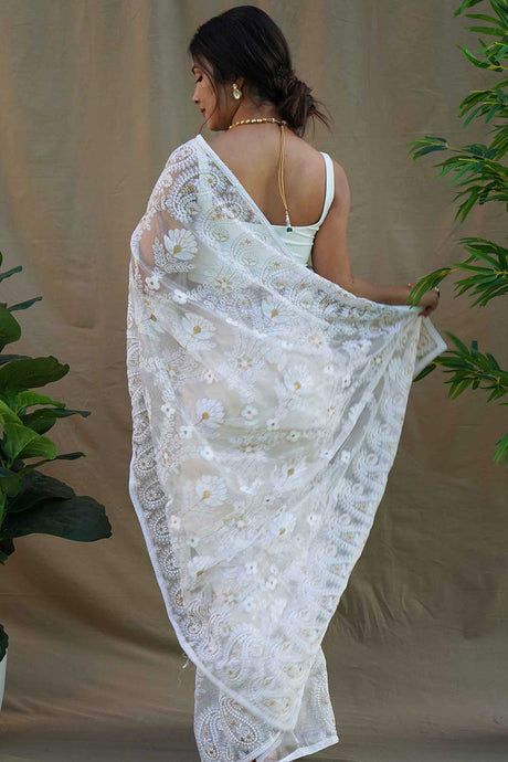 White Organza Silk Embroidered Saree