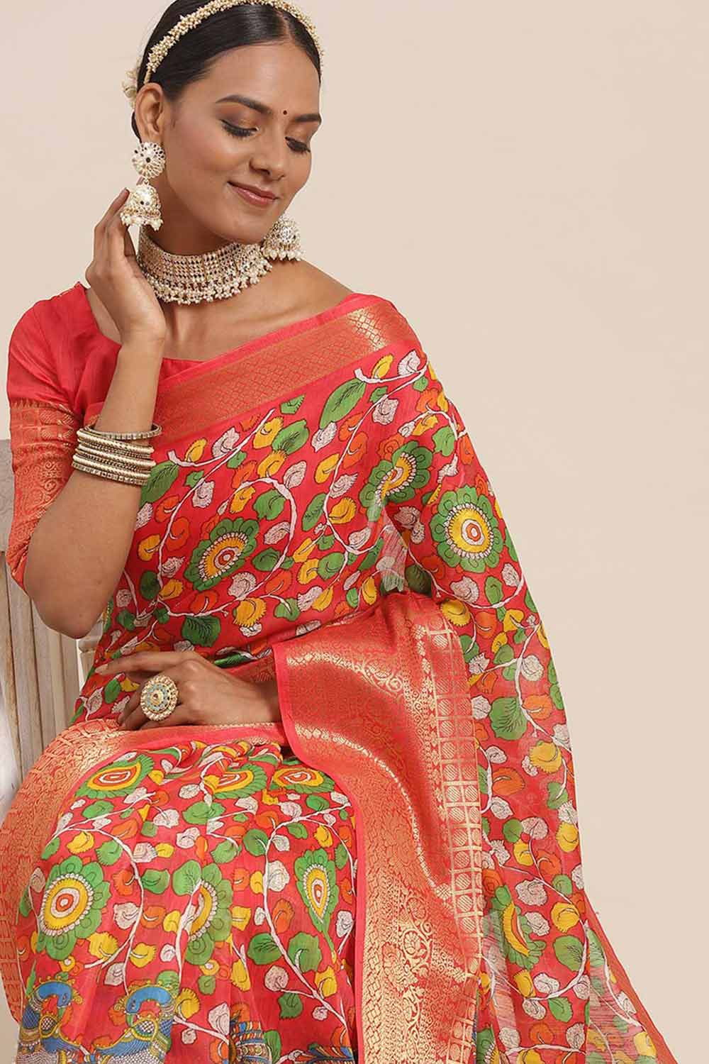 Blended Cotton Kalamkari Saree In Red