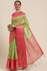 Blended Cotton Kalamkari Saree In Green