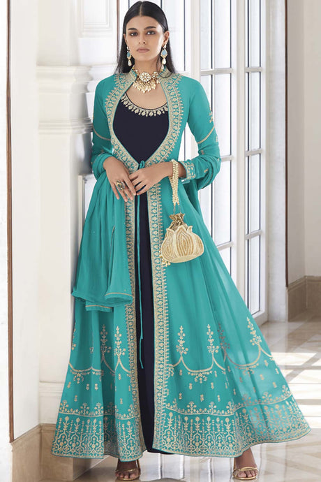 Buy Sky-blue Georgette resham embroidery Anarkali Suit Set Online - Back