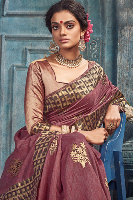 Art Silk Zari Saree In Light Brown