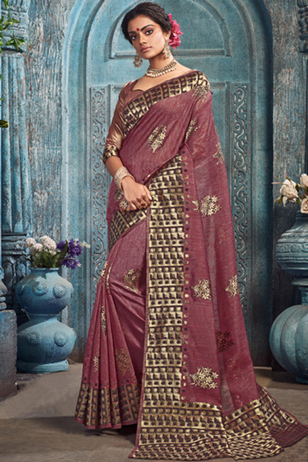 Art Silk Zari Saree In Light Brown