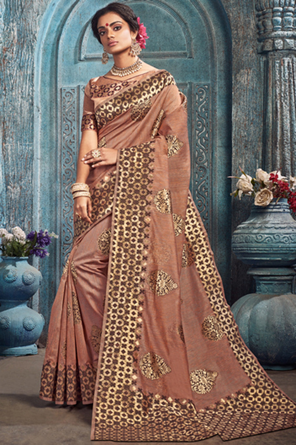 Art Silk Zari Saree In Light Brown