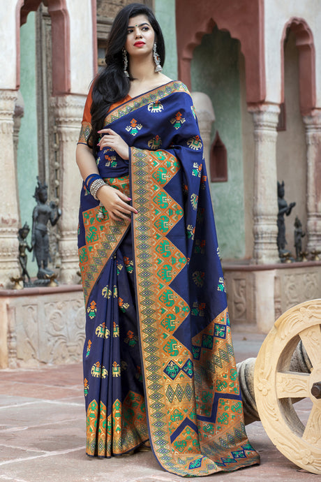 Buy Banarasi Art Silk Woven Saree In Navy Blue