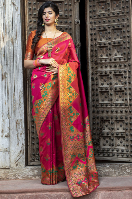 Buy Banarasi Art Silk Woven Saree In Rani Pink