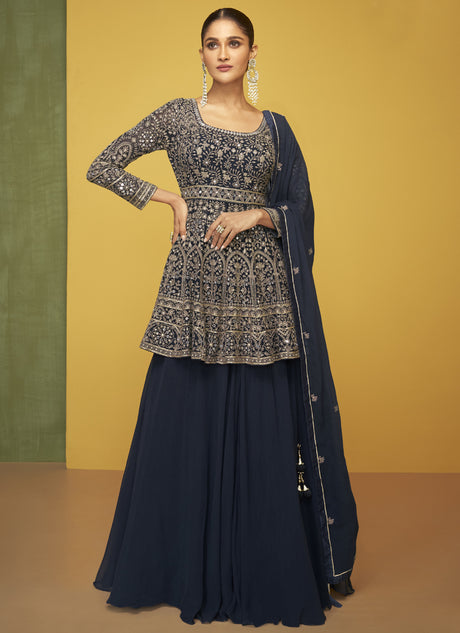 Buy Navy-Blue Georgette Embroidered Anarkali Suit Set Online - KARMAPLACE